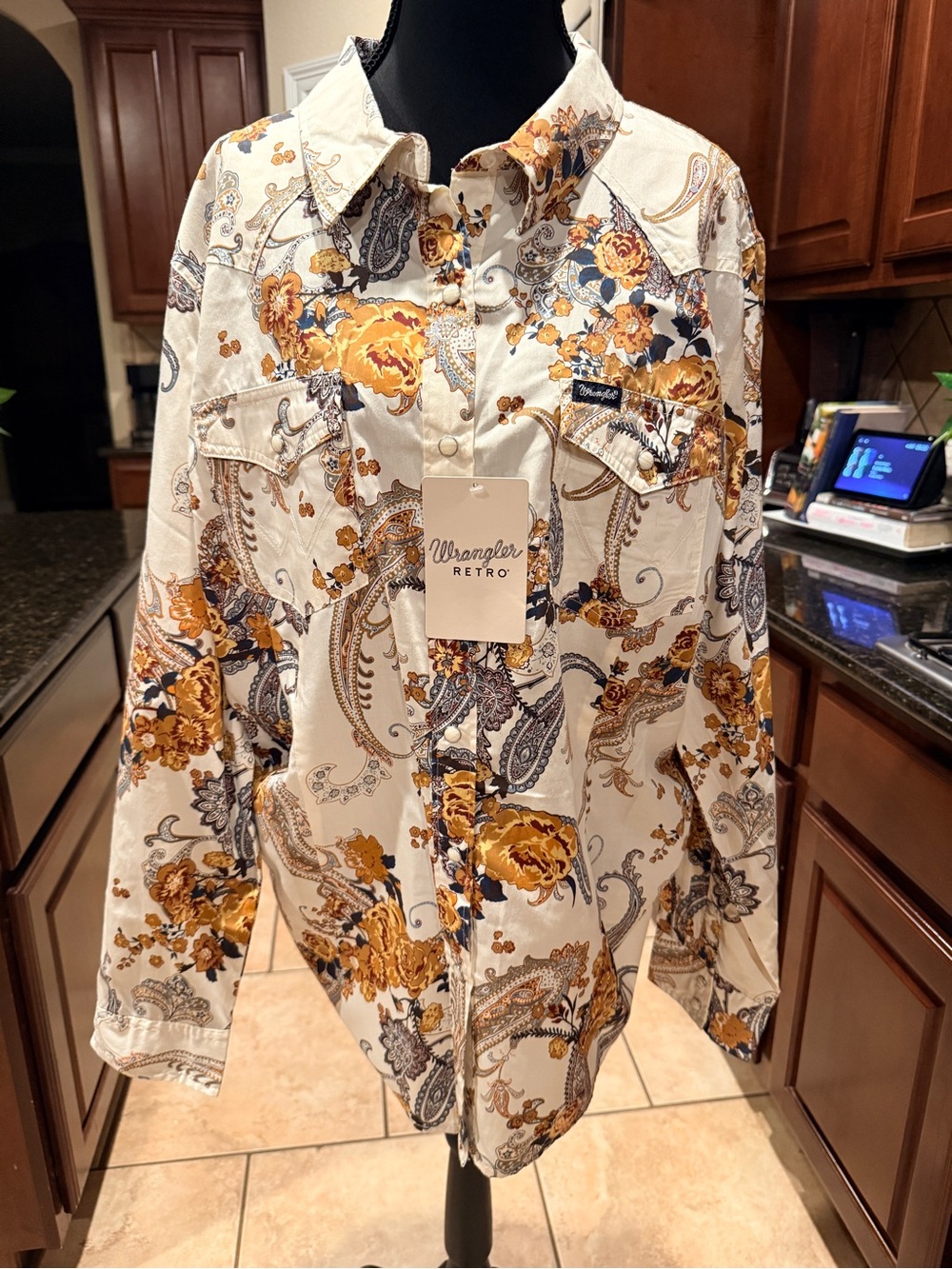 Wrangler Retro Men’s Long-Sleeve Floral Paisley Shirt in Cream/Mustard NWT XXL